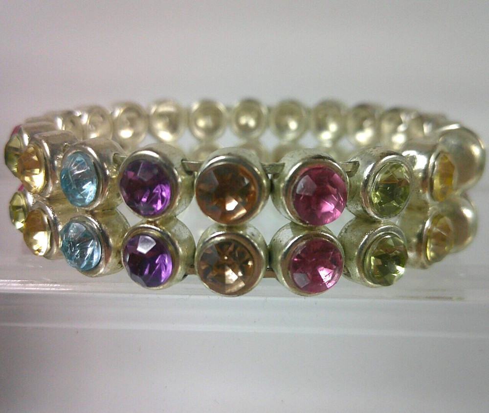 Vintage Multicolor Rhinestone Bracelet Double Row 2.5 In Magnetic Closure
