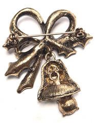 Modern Festive Rhinestone Christmas Holly Dangle Bell With Ribbon Pin / Brooch