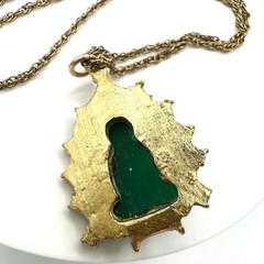 Vintage gold tone green faux jade art glass Buddha pendant 24″ chain necklace