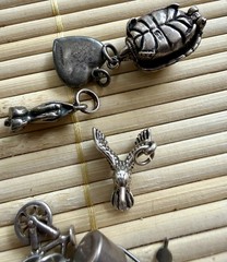 Vintage Sterling Silver Guilloche Hearts Turtle Articulated 19 Charms 44g