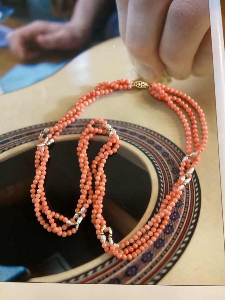 Vtg 3 strand Angel Skin Coral & Rice Pearl Beaded necklace 24”