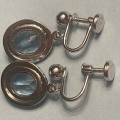Vintage 1950 Danecraft Sterling 925 Screw On Earrings Blue Glass Oval Drop R33