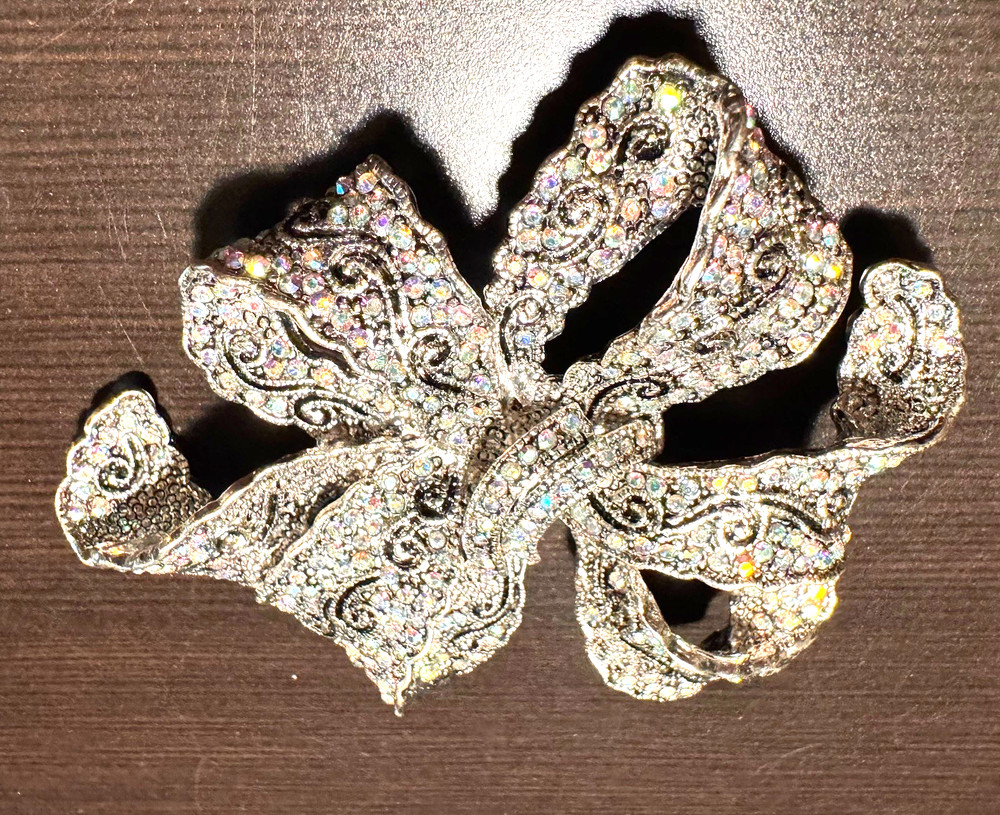 Fabulous Bow shaped Vintage Rhinestone Brooch Heavy Approx 3.5 Inches ?Marked