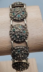 Antique Dutch 833 Silver Filigree Bracelet Green Glass Art Deco S-Hertogenbosch