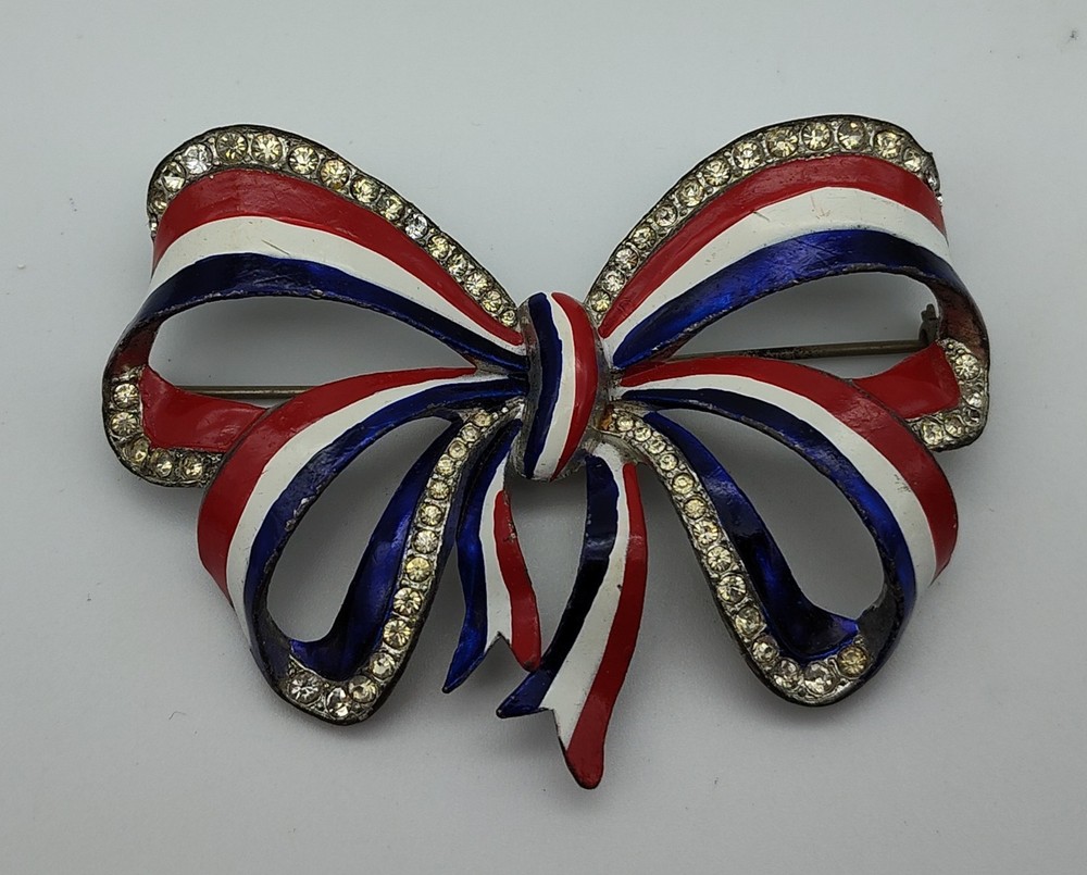 Vintage Large Bow Red White Blue WW2 Silver Tone Clear Rhinestone Pin Brooch