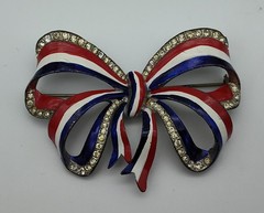 Vintage Large Bow Red White Blue WW2 Silver Tone Clear Rhinestone Pin Brooch