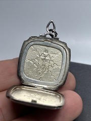 Antique Art Deco Sterling Silver Flower Basket Enamel Locket Necklace