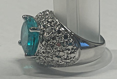 925 Sterling Silver vintage cocktail ring .5” aquamarine Ring 8 ornate MCM domed
