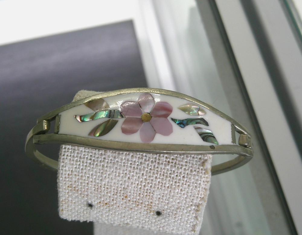 Vintage Alpaca Mexico Floral Bracelet Silver-Tone Abalone & Mother Of Pearl
