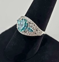 Sterling Silver 925 Blue Topaz Aquamarine Halo Pear Oval Gemstone Ring Sz 8 – 5g