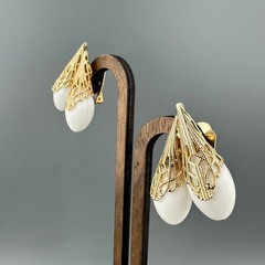 Vintage Napier Earrings Gold Tone Filigree Cap White Bead Tall Climber 1950s