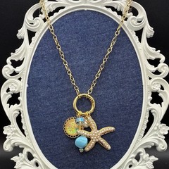 Gorgeous Vintage Sun, Sea, Sky & Starfish Charms on Gold Plated Chain Necklace