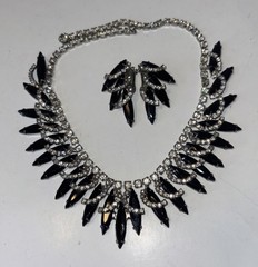 Black Navette Rhinestone Necklace Clip Earrings Set Unmarked “Juliana Style”