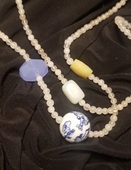 Asian Chinoiserie Bead Necklace & Yellow, Green,White Jade/jadeite, 35″sterling