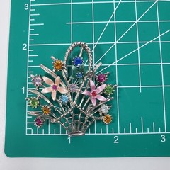 Vtg Silver Tone Multi-Color Enamel & Rhinestones Spring Flower Basket Brooch Pin