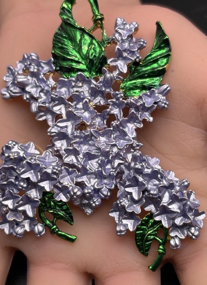 Vintage Brooch Earrings Set Pierced Purple Green Leaf Flowers Open Work.