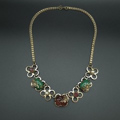 Vintage 1950s MCM Art Glass Floral Necklace Green Pink Cabochon 16.5″
