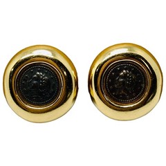 Vintage Costume Fashion Jewlery Gold tone faux Roman Coin Clip-on Earrings