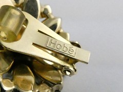 Vintage Hobe Red and White Clear Rhinestone Clip on Earrings 7/8 Inch Diameter