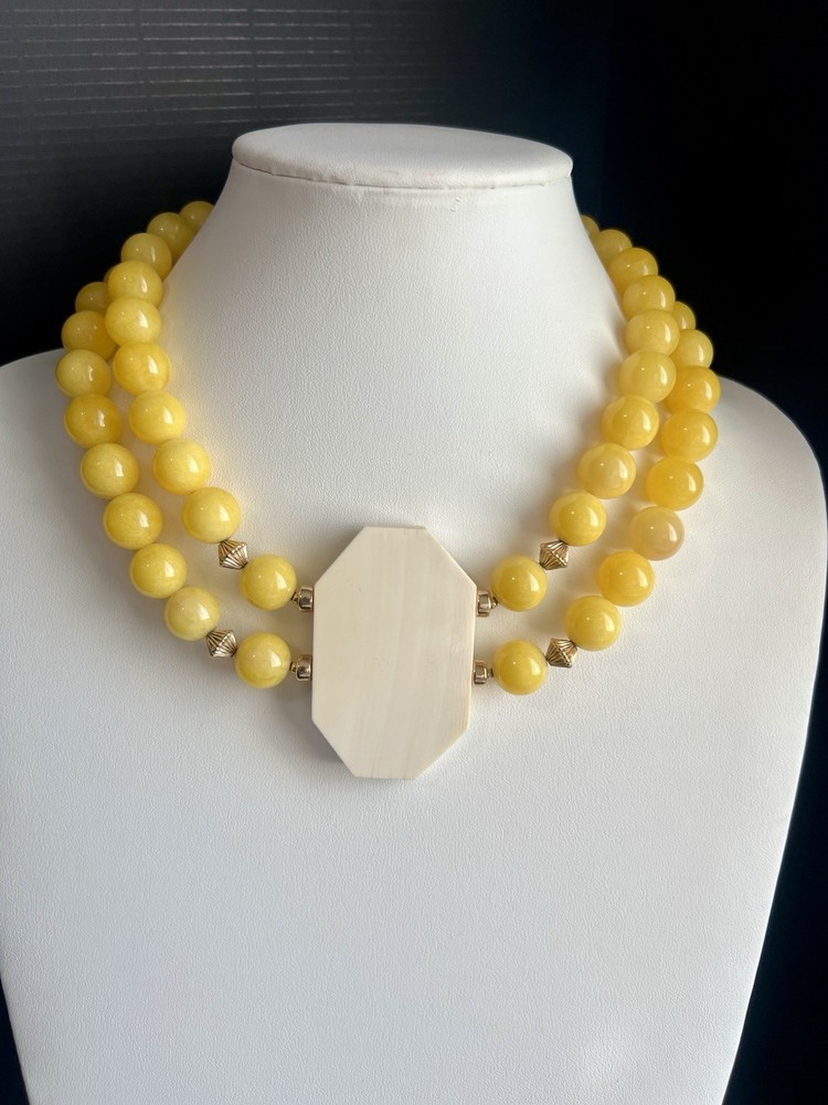 Vintage 1980s RO-DO NOS Chunky Yellow Stone Octagon Bone Collar Necklace 16”