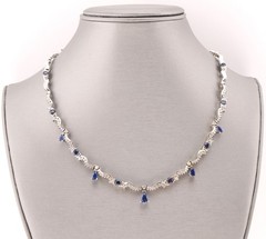 14K White Gold Natural Sapphire & Diamond Necklace 17.5″