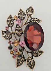 Vintage Gold Tone Floral and Leaf Brooch Autumn Brown Pink and Amber Rhinestones