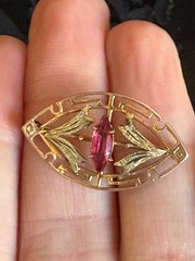 Antique Art Deco 10K Rose and Yellow Gold Glass/Paste Ruby Brooch