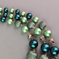 Vintage Beaded Necklace Green Triple Layered Acrylic Japan Choker 16″