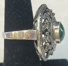 Vintage Sterling Silver Marcasite Green Chalcedony Large Filigree Dome Ring Sz 6