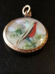 Victorian Era Double Sided Bird Feather on MOP Scene Pendant Gold Filled Frame