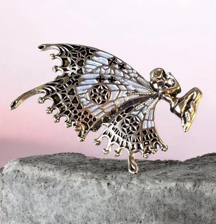 Vintage Fairy Brooch – Gold Tone Blue Enamel Wings – Modern Fantasy Pin – 2”