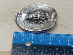 Large Ornate Antique Silver Tone Pressed Metal Victorian Lady’s Face Pin: 2.25″
