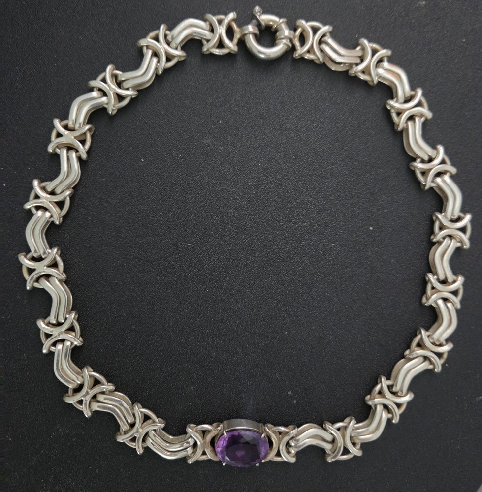 Estate Sterling Silver Necklace & Bracelet W/ Amethyst 106.5 Grams