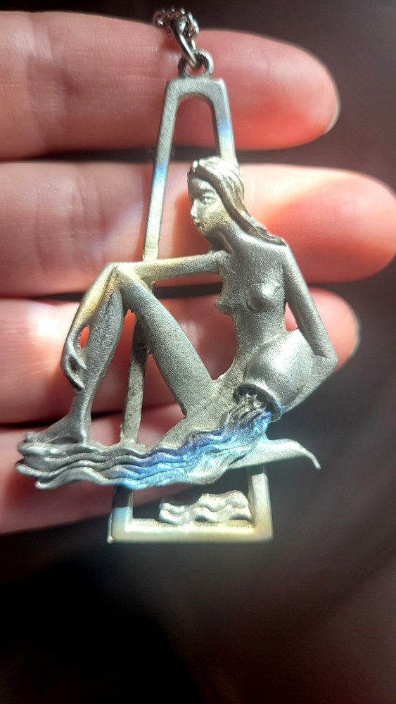 Cathedral Figural Aquarius Woman Horoscope Pewter Necklace Vintage 1970th
