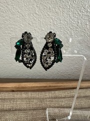 Vintage Weiss Earrings Clip On Rhinestone Green Clear Black Enamel Glamorous