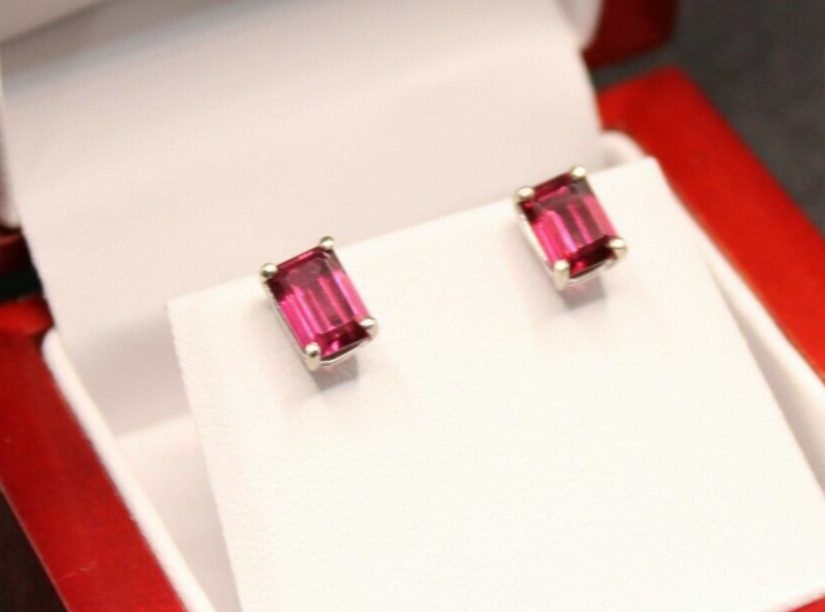 Fashion Jewlery New Rhodolite crystal Earrings “Red” Emerald cut 14k