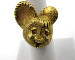 Unique Vintage Cartoon Mouse Ring Brushed Gold Tone Rhinestone Eyes Size 5