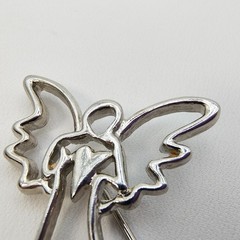Vintage Guardian Angel Brooch Silver Tone Holding Heart Openwork Celestial Love