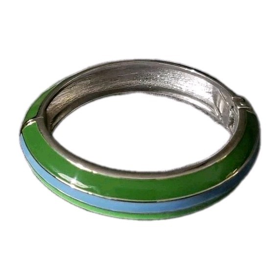 Vintage Blue Green Stripe Enamel Silver Tone Clamp Cuff Bangle Bracelet Clip On