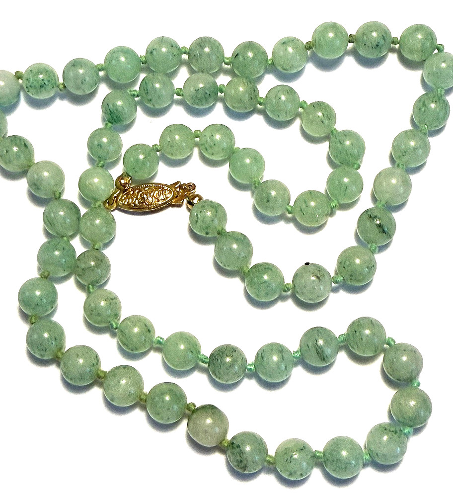 Vintage Chinese Lovely 7mm PREHNITE GEMSTONE Hand Knotted 25″ beaded NECKLACE