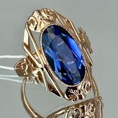 USSR Vintage Rose Gold Blue Sapphire (lab. made) Ring 583 14K 5.14 g. 6,5 US