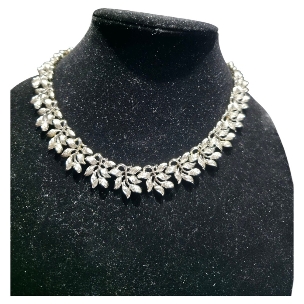 Vintage Coro Silver Tone Leaf Necklace Signed Coro Choker Mid Century