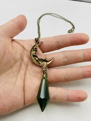 Vintage Art Nouveau Style Bronze Crescent Moon Goddess Green Drop-down Necklace
