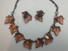 Vintage Enameled Red Copper Leaf Necklace & Earring Set Renoir/ Matisse Style