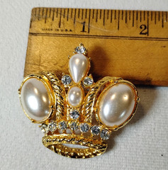 Vintage Royal Crown Tiara Brooch Pin Faux Pearl Cabochons And Clear Rhinestones
