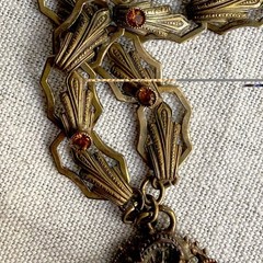 Antique Czech Amber Glass Filigree Pendant Necklace Rhinestone Chain Art Deco