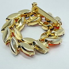 Rhinestone Wreath Brooch Marquise Frosted Red Amber Orange Gold‑Tone Mid‑Century