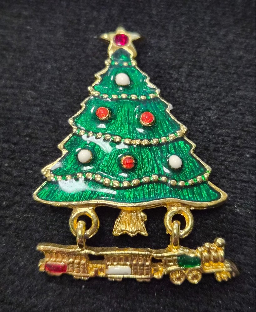 Vintage 80’s Gold Tone & Enamel Christmas Tree W/ Dangle Toy Train Pin / Brooch
