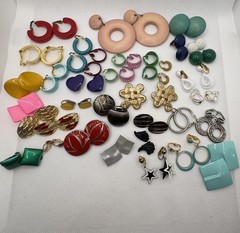 Vintage Lot Of 33 Colorful Clip Earrings Various Sizes Colors Fun Set Everyday