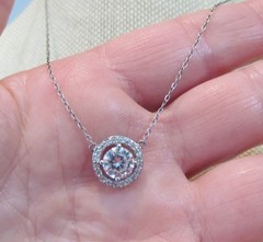 Vintage Sterling Silver Round Faceted Clear Cubic Zirconia Halo CZ Necklace 19″